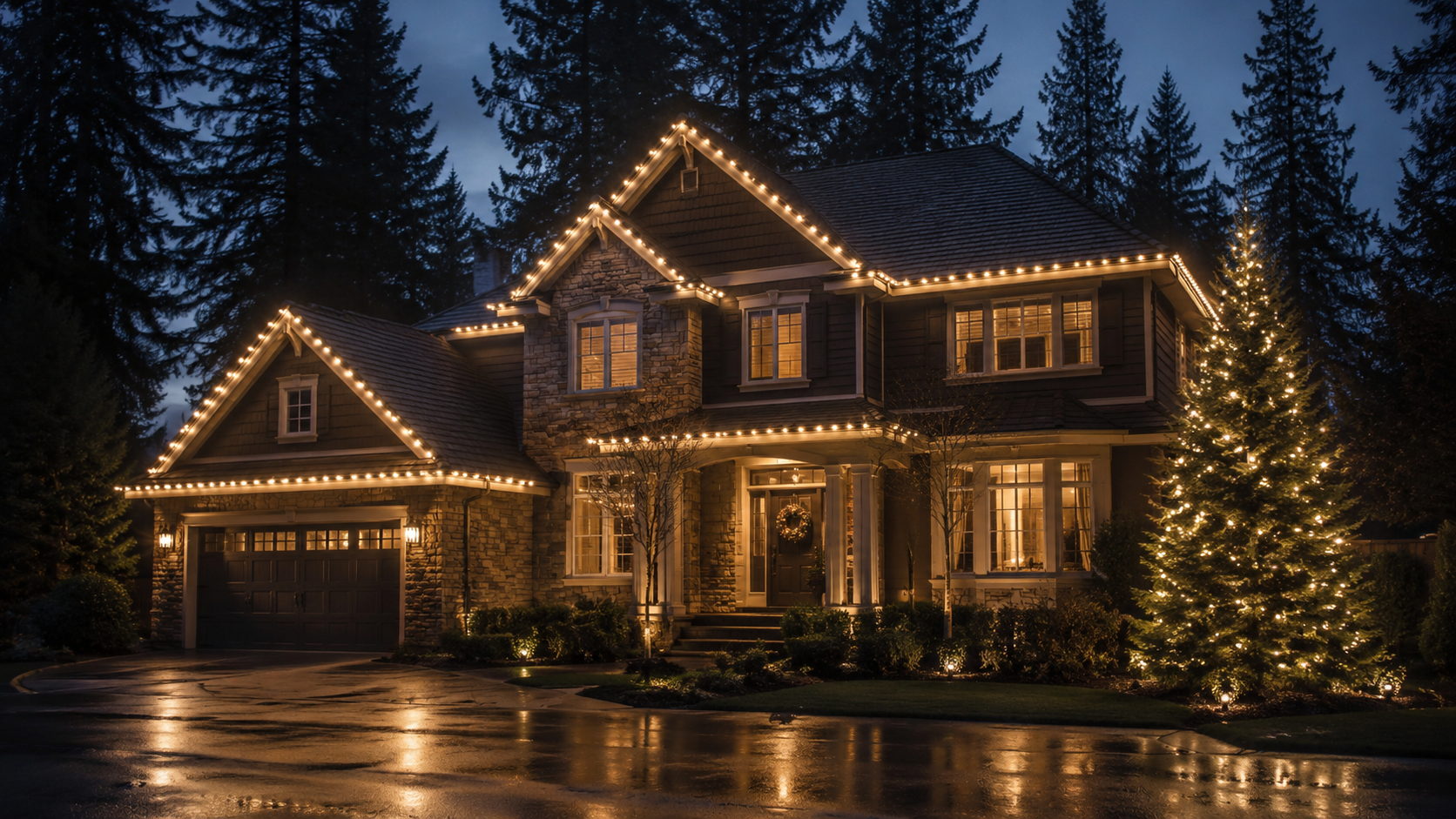 Professionally installed warm-white Christmas lights illuminating a home at dusk