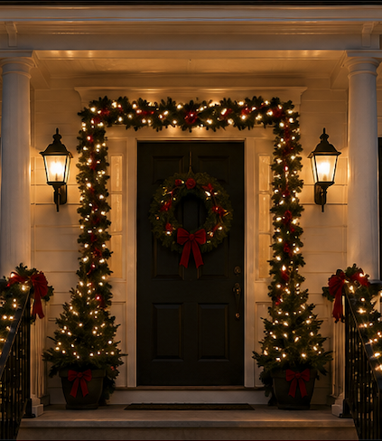 Accent Christmas lights around a front entry with wreaths and garland