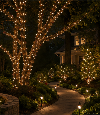Landscape Christmas lights on trees and shrubs